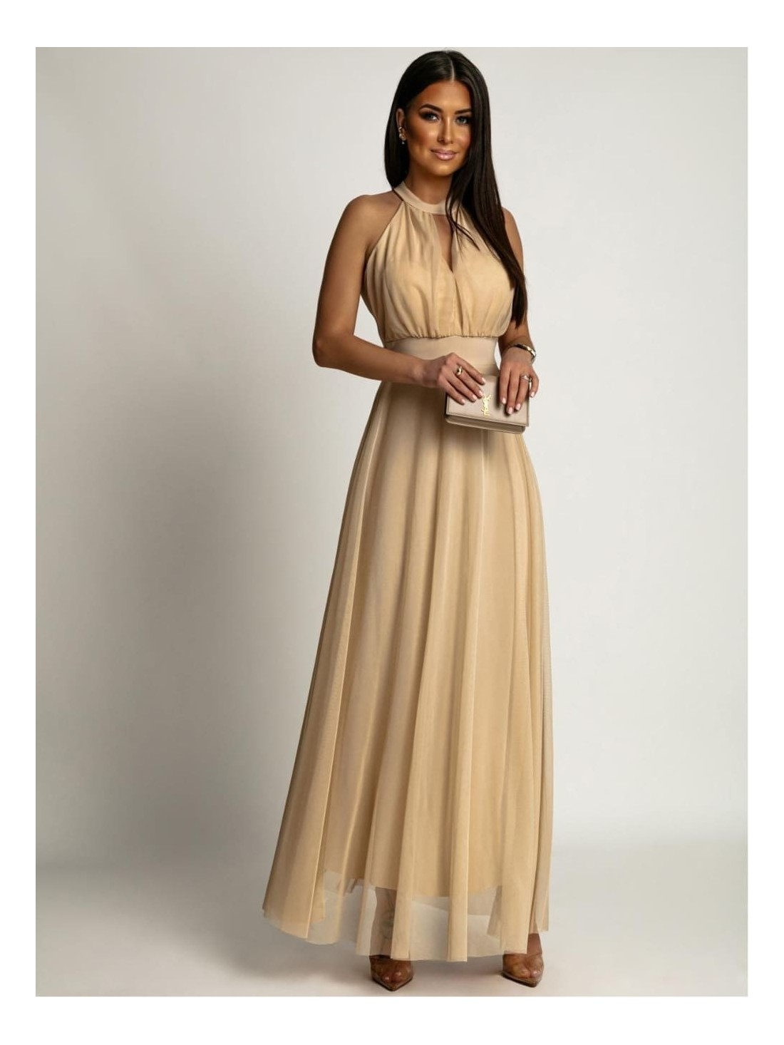 Elegant dress with tulle bottom, beige AZR156